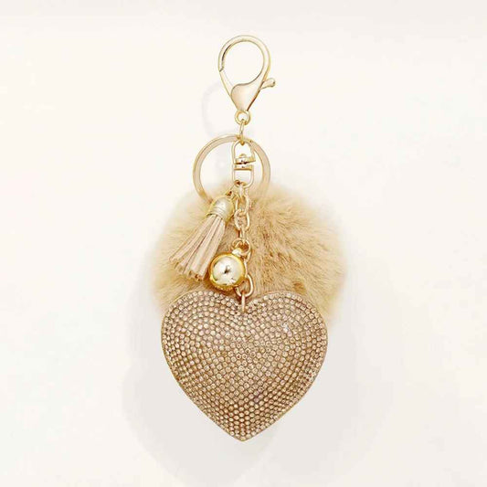 Fluffy Faux Fur Plush Ball Rhinestone Heart Keychain