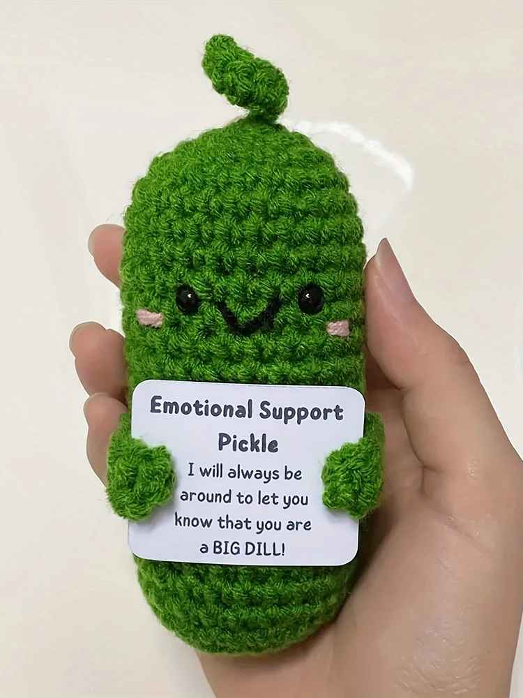 Cute Handmade Knitted Cucumber Plush Doll with Positive Message