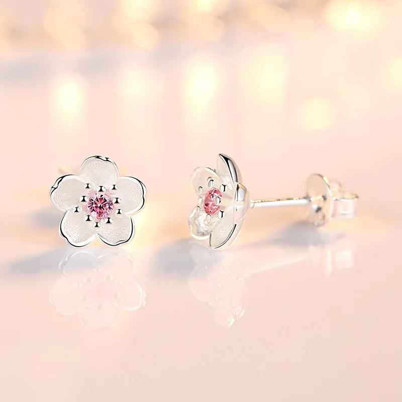 Pink Sterling Silver Crystal Flower Stud Earrings