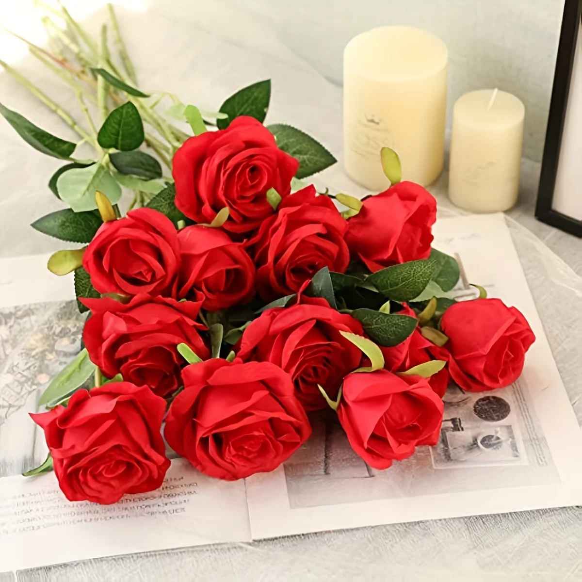 12pcs Realistic Artificial Rose Bouquet