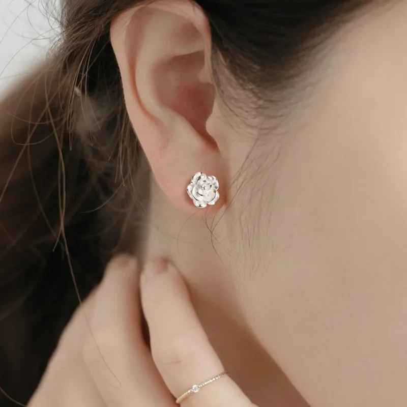 Sterling Silver Rose Plant Shell Flower Stud Earrings