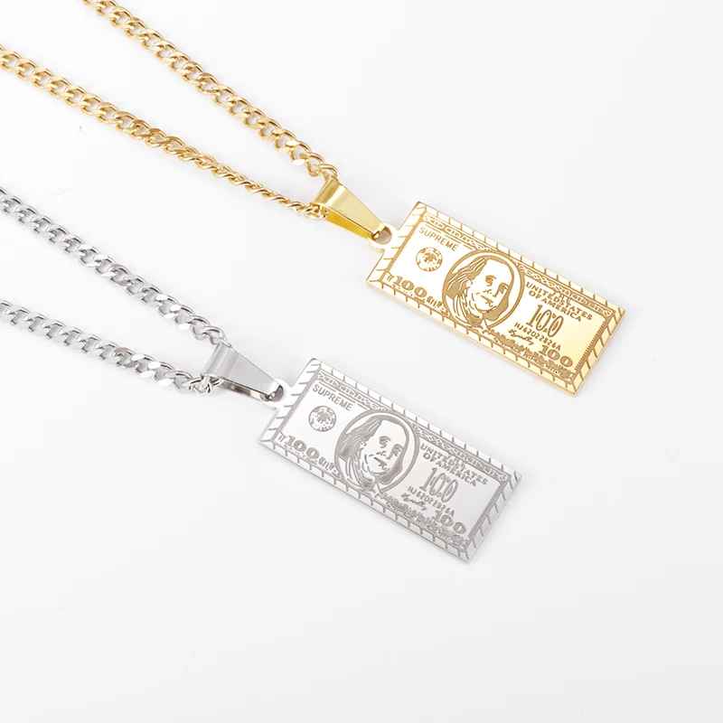 100 Dollar Bill Design Stainless Steel Necklace