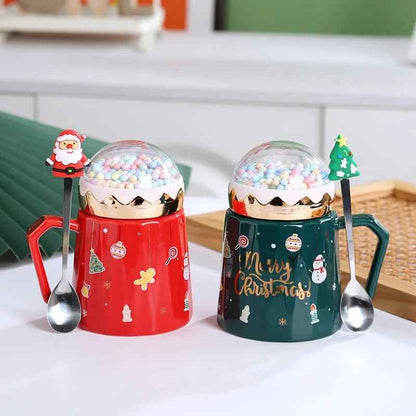 Christmas Ceramic Mugs with Lid and Spoon