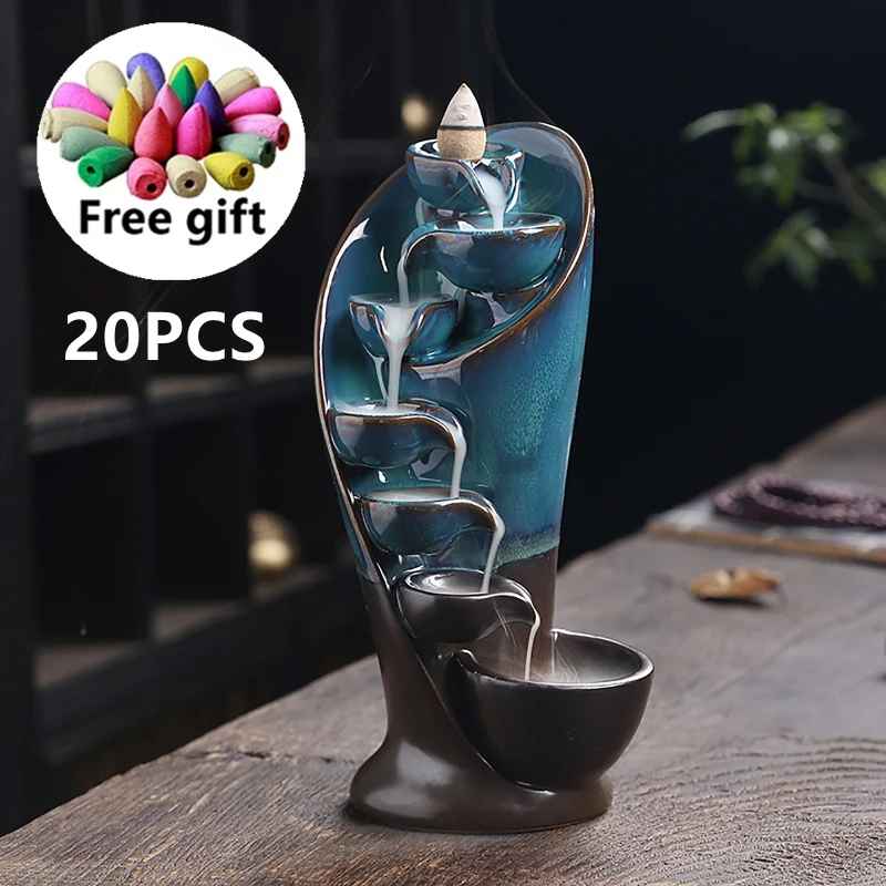 Torch Design Waterfall Incense Burner Fountain – Backflow Aroma Smoke Censer with 20 Free Incense Cones