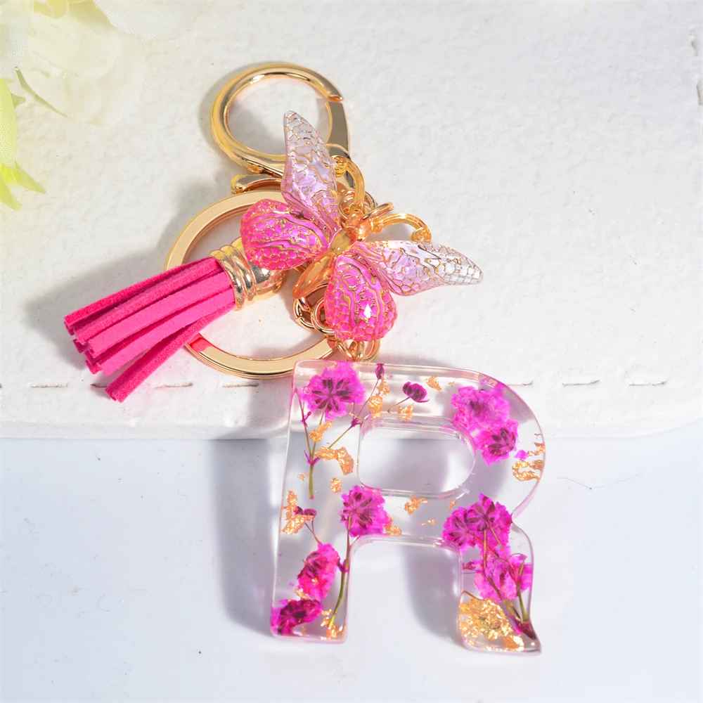 Exquisite Pink Dry Flower Resin A to Z Initial Keyring – Keychain with Butterfly Tassel