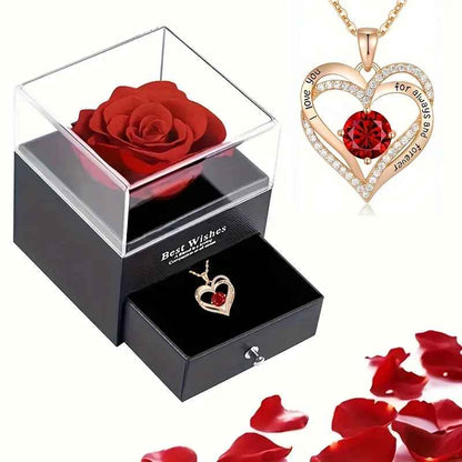 Romantic Heart Zircon Pendant Necklace with Rose Flower Gift Box