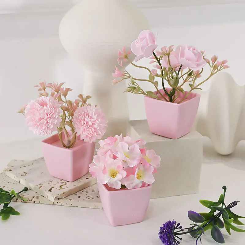 3pcs Artificial Pink Potted Flowers Set