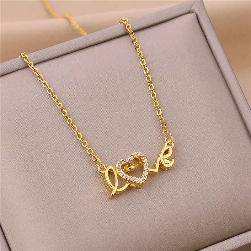 Cute Gold Color Love Letter Crystal Heart Pendant Necklace