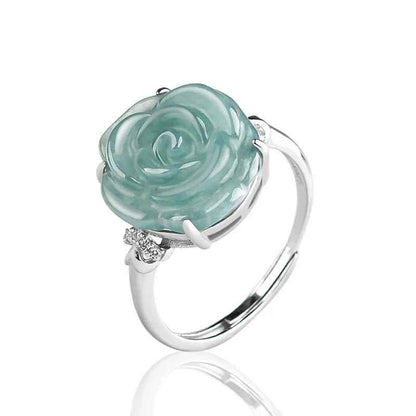 Silver Set Jadeite Blue Water Rose Ring