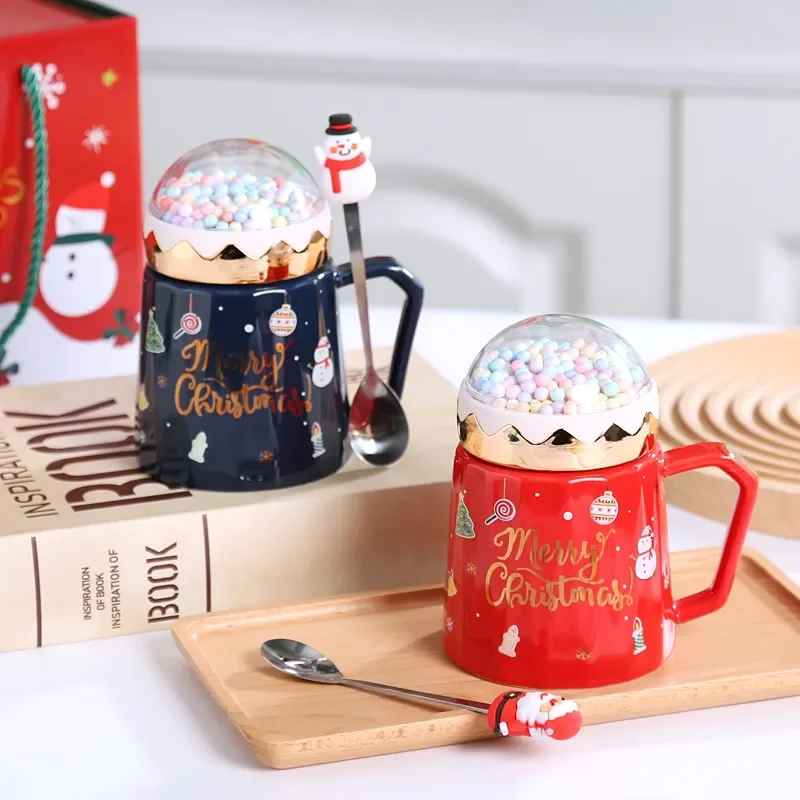 Christmas Ceramic Mugs with Lid and Spoon