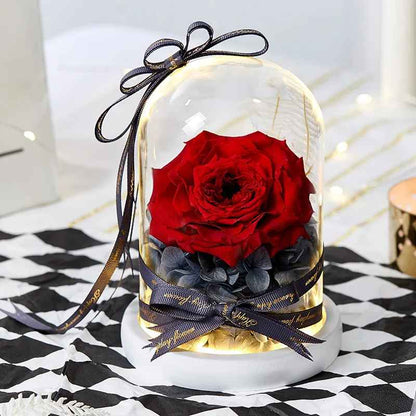 Romantic Artificial Preserved Rose in Glass Dome with LED Light