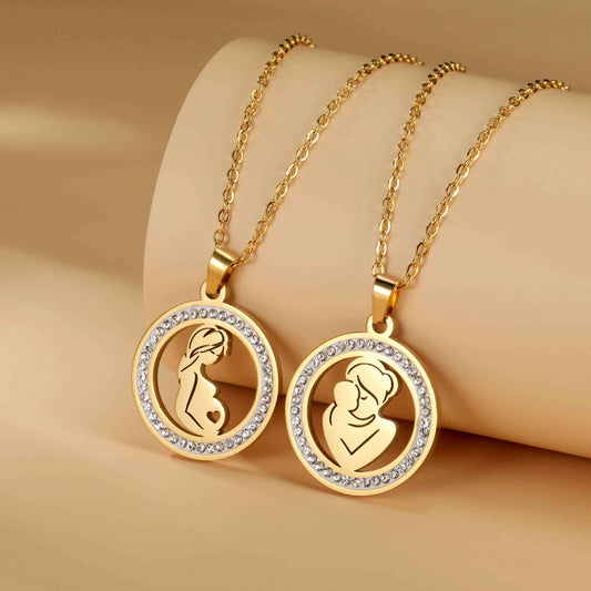 Mom & Baby Round Pendant Zircon Chain Necklace