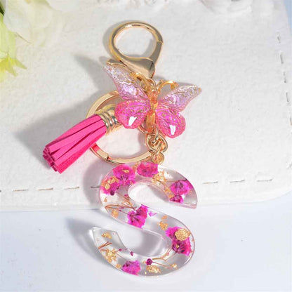 Exquisite Pink Dry Flower Resin A to Z Initial Keyring – Keychain with Butterfly Tassel