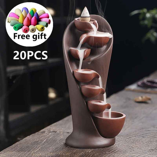 Torch Design Waterfall Incense Burner Fountain – Backflow Aroma Smoke Censer with 20 Free Incense Cones