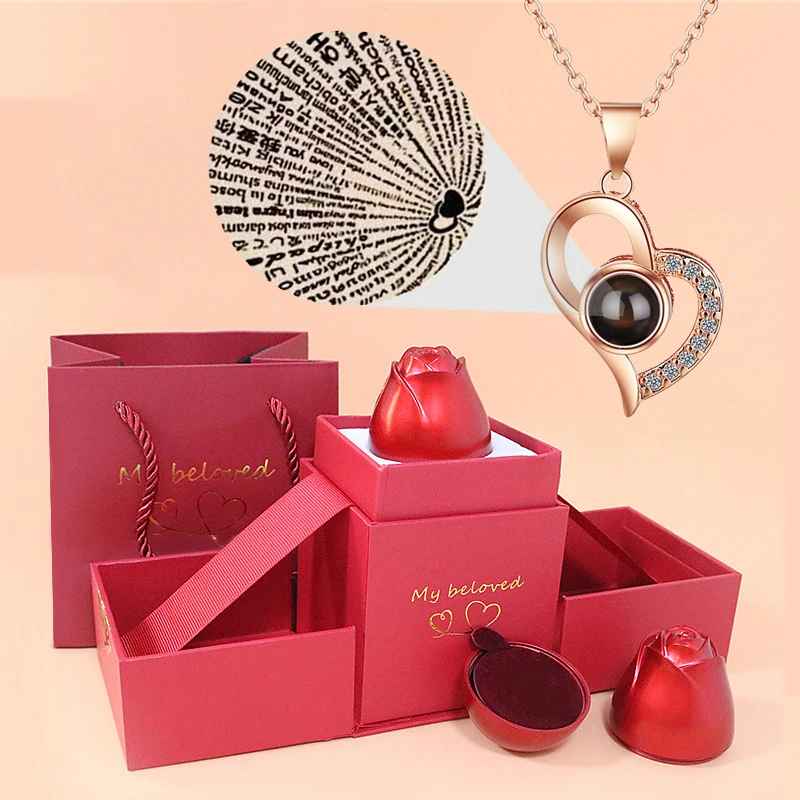 Romantic Heart Copper Projection Necklace with Rose Gift Box