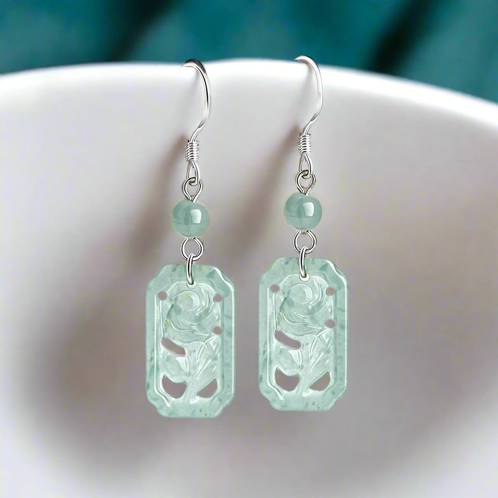 Silver Jadeite Blue Water Rose Earrings