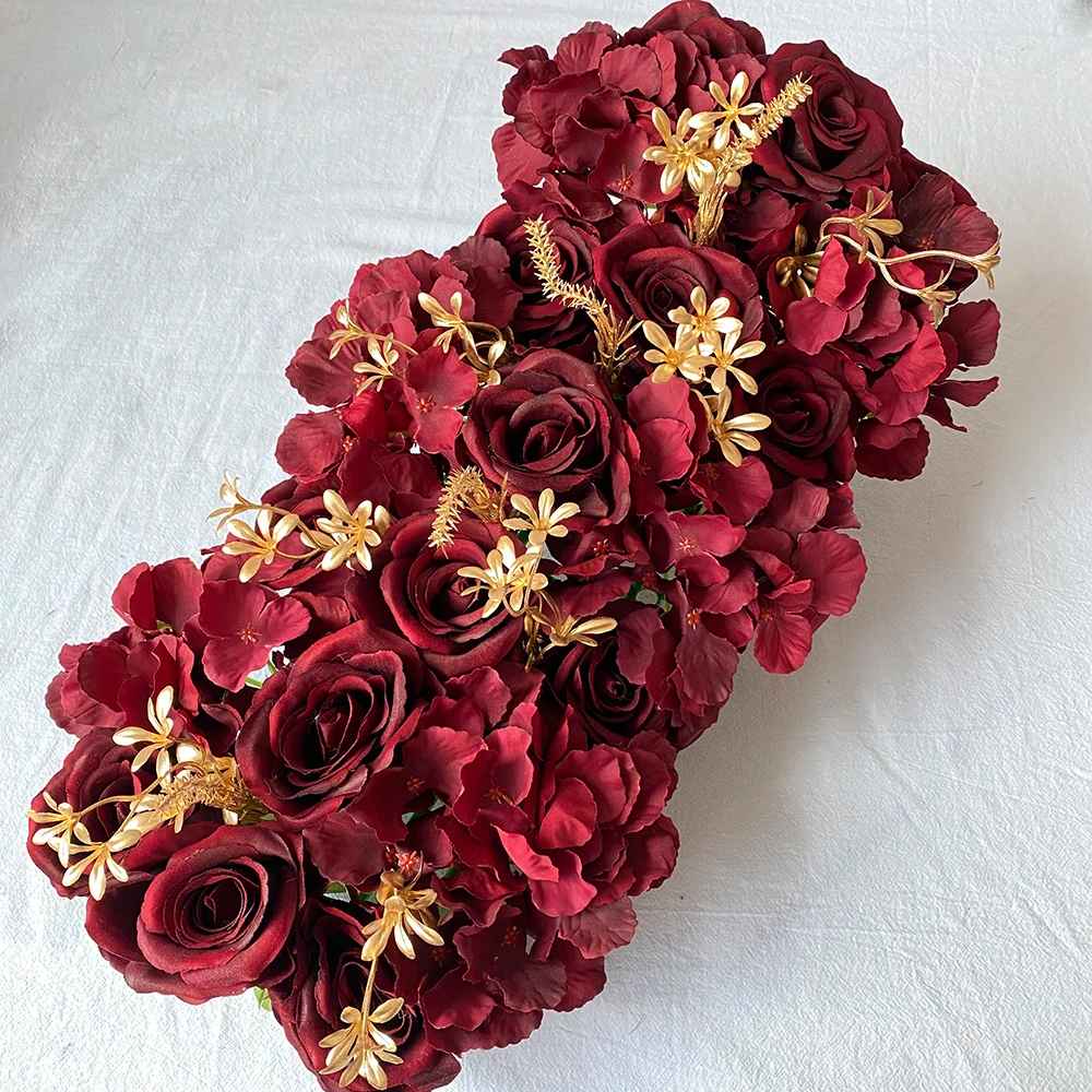 Elegant 50CM Wedding Arch Silk Flower Backdrop Wall - Burgundy Rose, Silk Peonies, and Golden Leaf Table Centerpiece