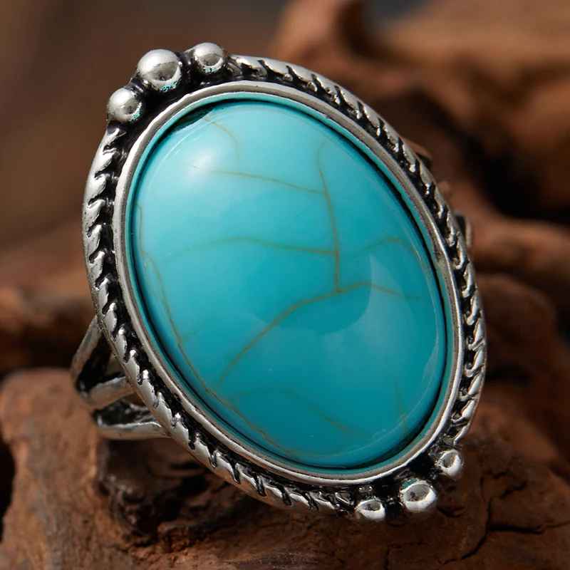 Retro Bohemian Silver Color Turquoise Branch Ring