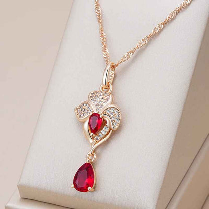 Natural Red Zircon Flower Pendant Necklace