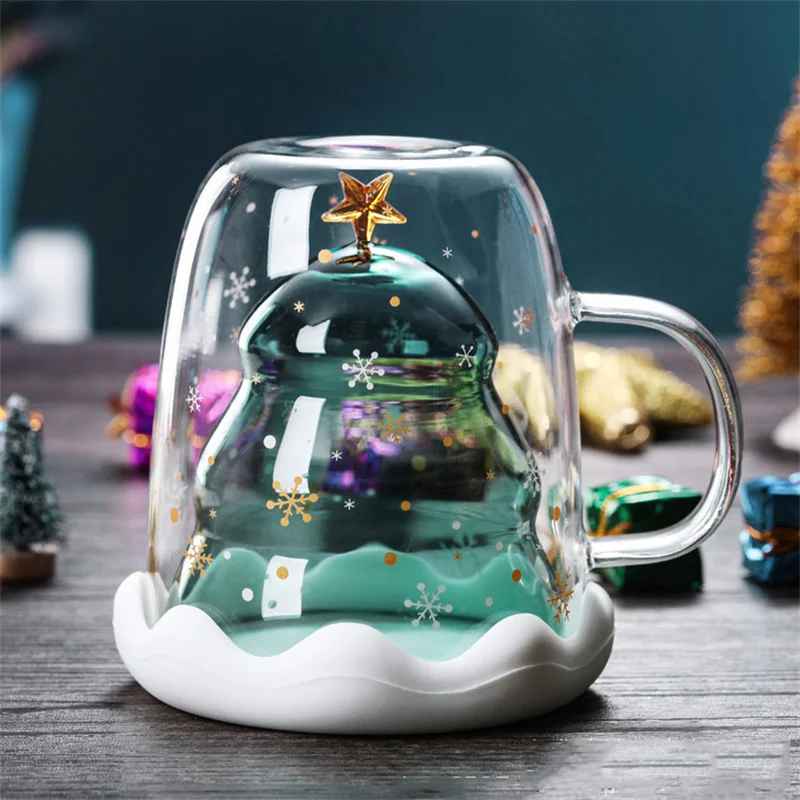 300mL Christmas Tree Heat-Resistant Double Wall Glass Mug