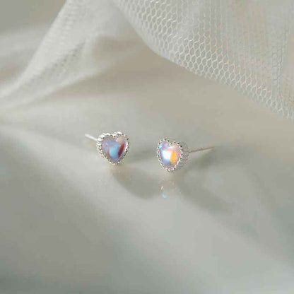 Simple Sterling Silver Moonlight Stone Love Heart Stud Earrings