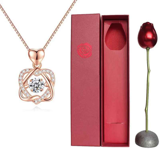 Sleek Love Heart Necklace with Rose Jewelry Gift Box