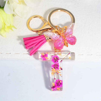 Exquisite Pink Dry Flower Resin A to Z Initial Keyring – Keychain with Butterfly Tassel