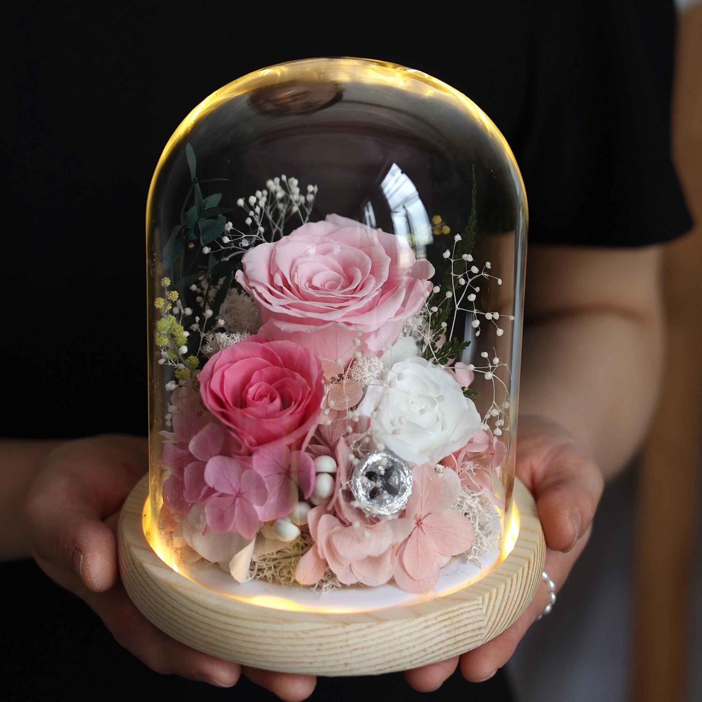 Eternal Preserved Real Austin Roses in Glass Dome with LED Light