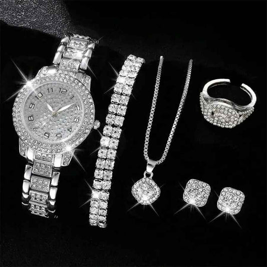 Women's Luxury Alloy Rhinestone Crystal Quartz Wristwatch Jewelry Set