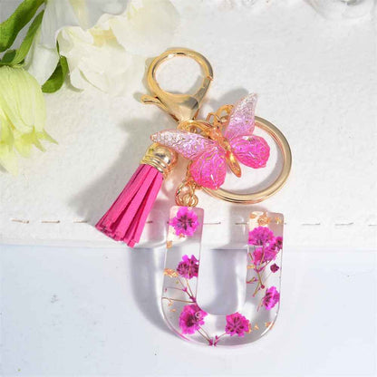 Exquisite Pink Dry Flower Resin A to Z Initial Keyring – Keychain with Butterfly Tassel