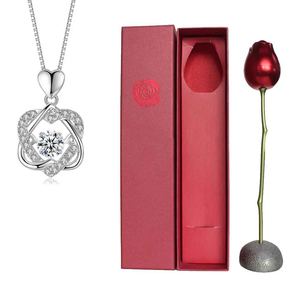 Sleek Love Heart Necklace with Rose Jewelry Gift Box