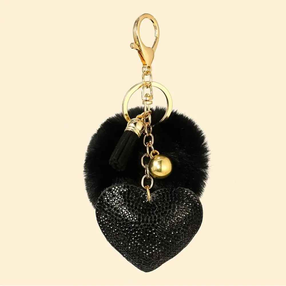 Fluffy Faux Fur Plush Ball Rhinestone Heart Keychain