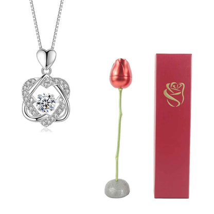 Sleek Love Heart Necklace with Rose Jewelry Gift Box