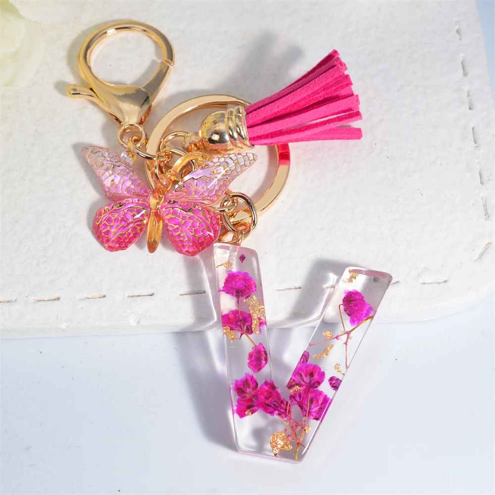 Exquisite Pink Dry Flower Resin A to Z Initial Keyring – Keychain with Butterfly Tassel